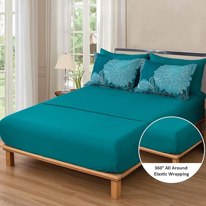 Yiran Full Comforter Set,Teal Elegant Floral Print Bed in a Bag 7 Pieces Comforter,Ultra Soft & Breathable Soft Microfiber Boho Bedding Set with Flat Sheet Fitted Sheet Pillowshams Pillowcases