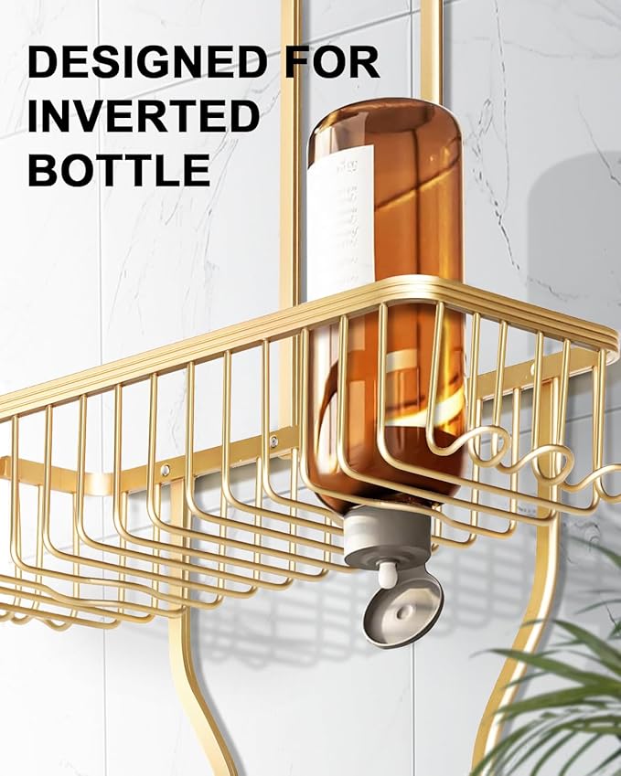 Shower Caddy Hanging - Never Rust Shower Hanging Organizer - Aluminum Over the ShowerHead Caddy with Soap Basket and 6 Razor/Sponge Hooks (Gold) - Image 5