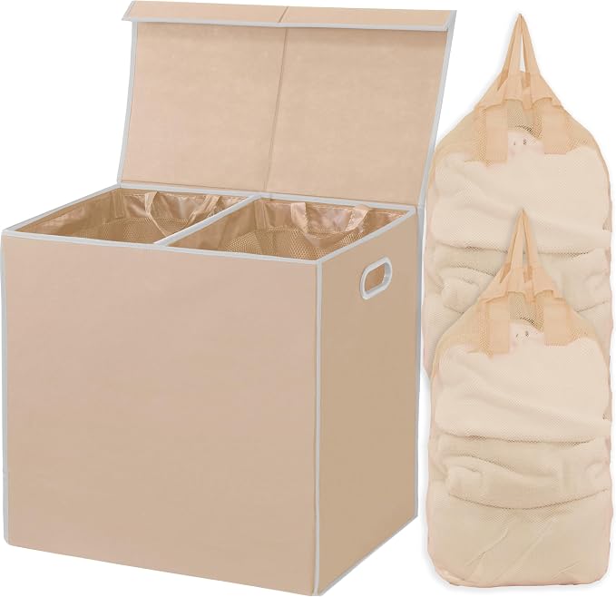 Simple Houseware Double Laundry Hamper with Lid and Removable Laundry Bags, Beige by SimpleHouseware