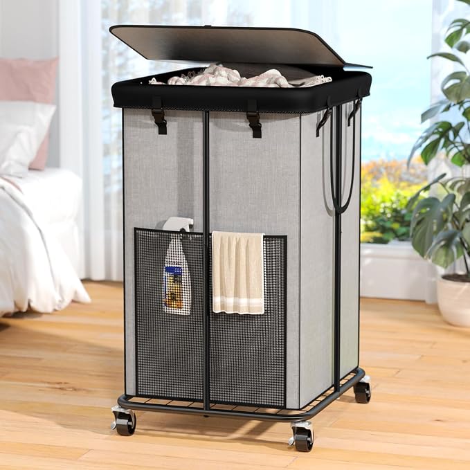 160L Laundry Hamper with Lid, Rolling Laundry Basket with Wheels, Large & Tall Dirty Clothes Hamper with Metal Frame and Removable Bag for Bedroom Aesthetic, Laundry Room, Bathroom, Dorm-Grey by OLLDIDE