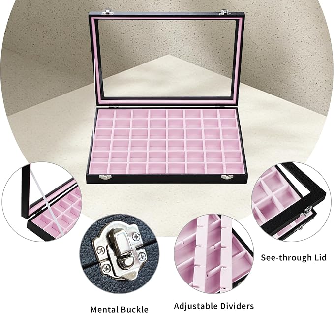 Stratalife Jewelry Organizer 48 Grid Jewelry Tray with Clear Lid Dust-proof Velvet Earring Organizer Necklace Rings Holder Display Drawer Storage Case for Women Pink Black - Image 2