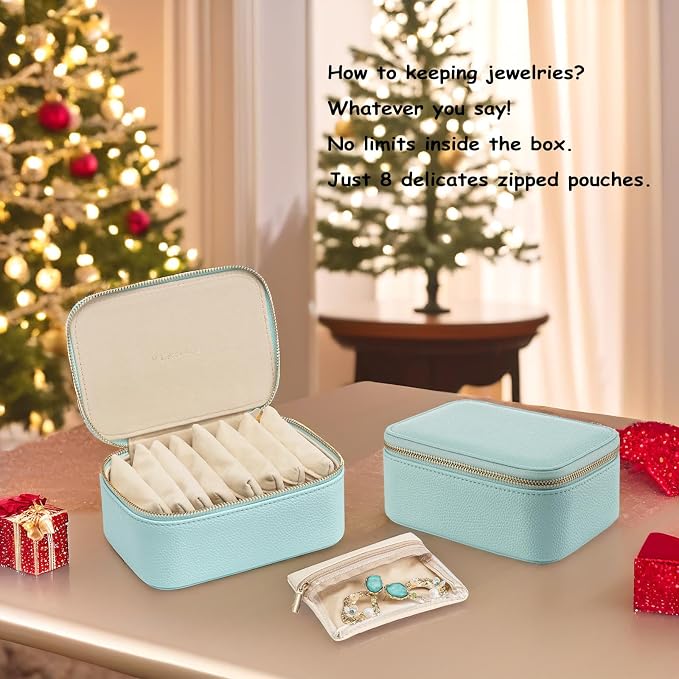 VLANDO Travel Jewelry Box Organizer – Portable PU Leather Jewelry Case with 6/8/12 Zippered Pouches, Compact Storage for Earrings Rings Necklaces Bracelets, Aqua Blue - Image 3