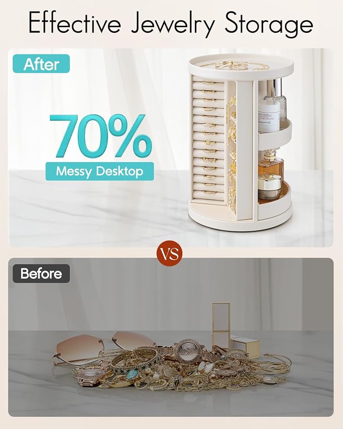 VLANDO 360°Rotating Jewelry Box,Earring Organizer Large Vertical Jewelry Organizer with 6 Necklace Hooks, Open Ring Display Storage for Women - Cream White - Image 6