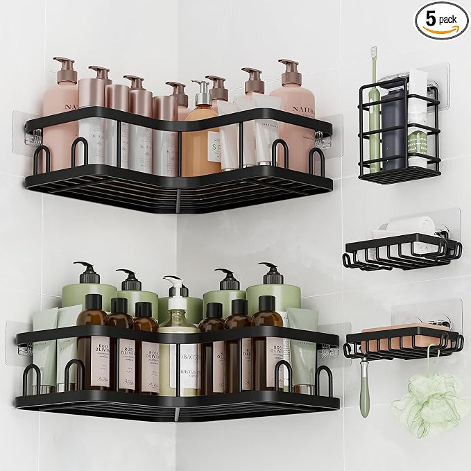 Veken Corner Shower Caddy 5-Pack, Advanced Rustproof Design, No Drilling Adhesive Shelves, Rack with Soap Holder, Bathroom Organizers and Storage, Wall-Mounted Kitchen&Home Decor,Black,Gifts for Mom by Veken