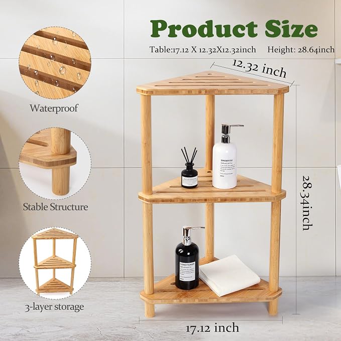 Bamboo Corner Shower Caddy Stand 3-Tier Waterproof,Free Standing Bathroom Corner Shelf Shower Stool Organizer for Inside Shower,Space-Saving Storage Shower Shelves with Anti-Slip Feet - Image 3