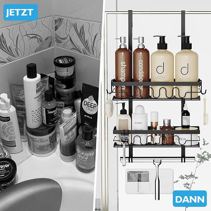 Over the Door Shower Caddy Hanging, 3-in-1 Rustproof Shower Organizer for Glass Door, No Drilling Shower Shelves with 4+3 Hooks, Wave Design, Stable, Adjustable Suitable for Kitchen/Bathroom/Balcony - Image 3