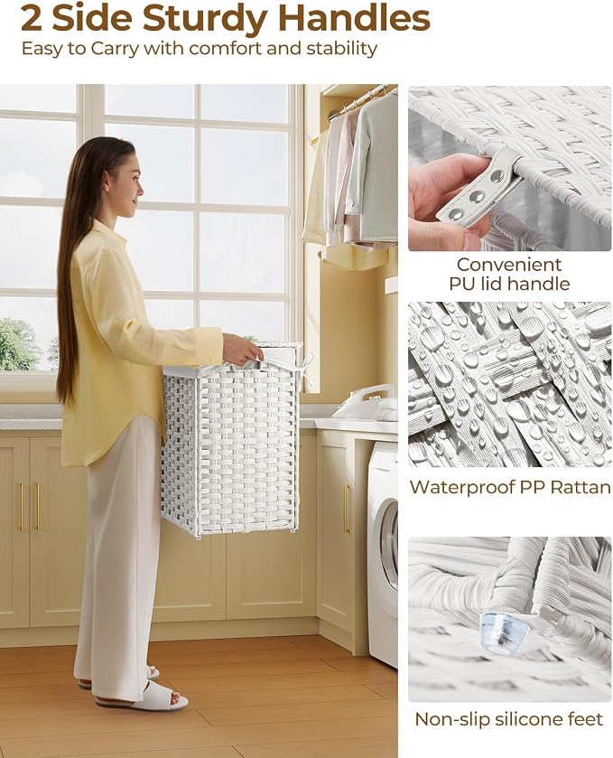 Greenstell Laundry Hamper with Lid, 60L Clothes Hamper with 2 Removable Liner Bags & 2 Mesh Bags, Handwoven Synthetic Rattan Basket, Toys in Bathroom, Bedroom White - Image 3