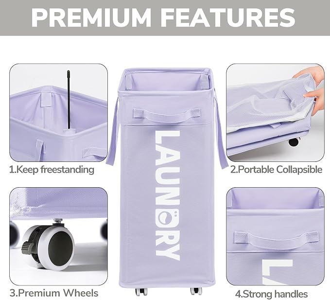 Goodpick Laundry Basket with Wheels,75L Collapsible Laundry Baskets with Removable Wash Bag, Clothes Laundry Hamper on Wheels, Light Purple - Image 4