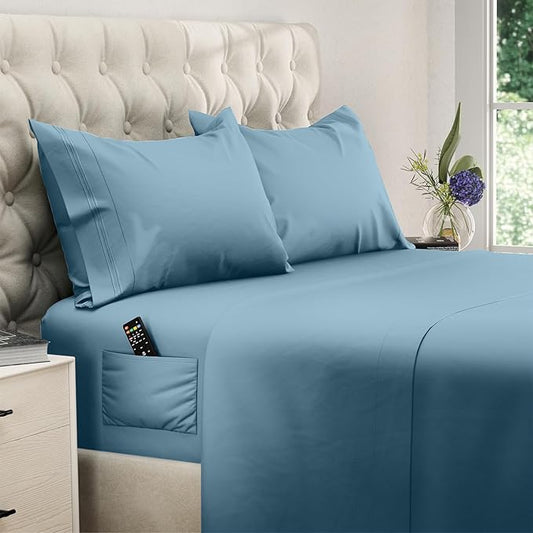 DREAMCARE Twin XL Sheet Sets - 4 pcs Breathable Cooling Bed Sheets - up to 15" Deep Pocket Twin XL Sheets Set with Side Pockets - Extra Soft 100% Brushed Hypoallergenic Hotel Luxury Bedding Mnrl Blue