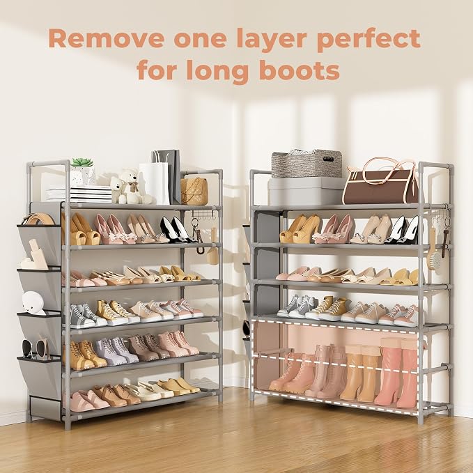 LANTEFUL 6 Tier Shoe Rack Storage for 24-30 Pairs Shoe and Boot, Shoe Organizer with Hook and Side Pocket Free Standing Long Shoe Shelf Tall Shoe Rack Organizer for Closet, Entryway, Dorm, Grey - Image 5