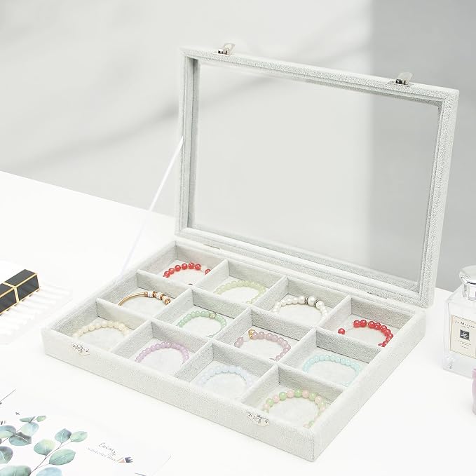 Coward Jewelry Organizer Tray Box, Grey Beige Velvet 12 Grids Bracelet Bangle Necklace Jewelry Display Tray Case with Transparent Glass Lid for Home Desk Drawer or Store Selling Show - Image 3
