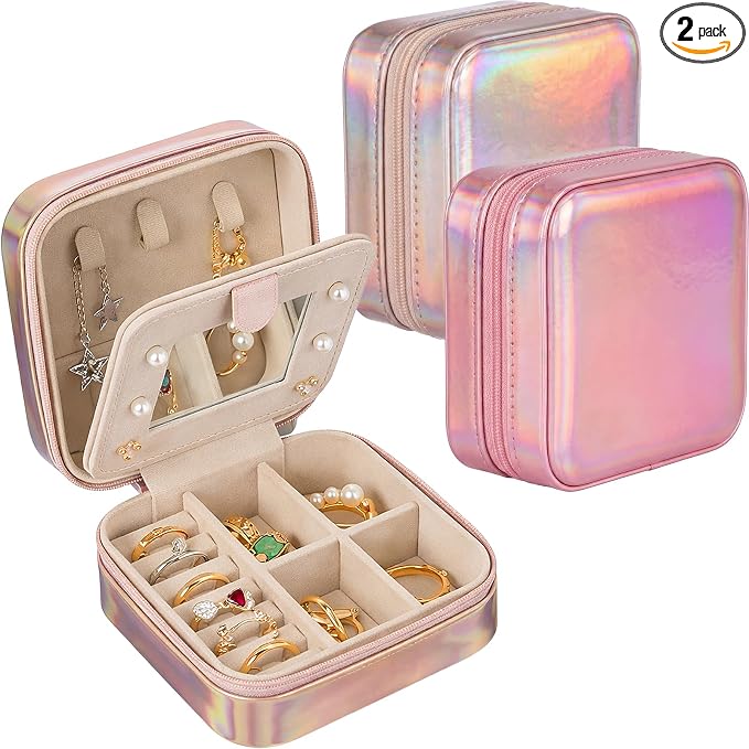 Nosiny 2 Pack Travel Jewelry Case with Mirror Small Laser Jewelry Box Organizer Gifts for Mother's Day Women Rings Earrings(Sakura Pink and Pastel Color) by Nosiny