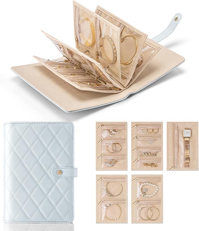 VLANDO Travel Jewelry Organizer Case, Foldable Jewelry Bags Jewelry Storage Book Ring Binder with Clear Zipper Velvet Pouch Bag for Travel Essentials,Rings,Necklace,Earrings,Bracelets-Blue by VLANDO