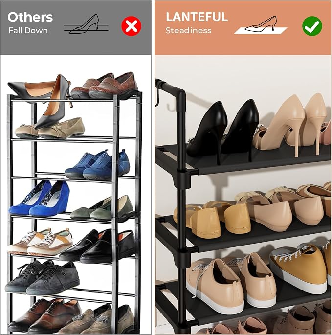 LANTEFUL 6 Tier Shoe Rack for Closet Shoe Organizer with 5 Hooks, Long Shoe Shelf Storage for Shoe and Boot Stackable Free Standing Shoe Rack for Entryway, Garage, Small Spaces, Dorm, Black - Image 6