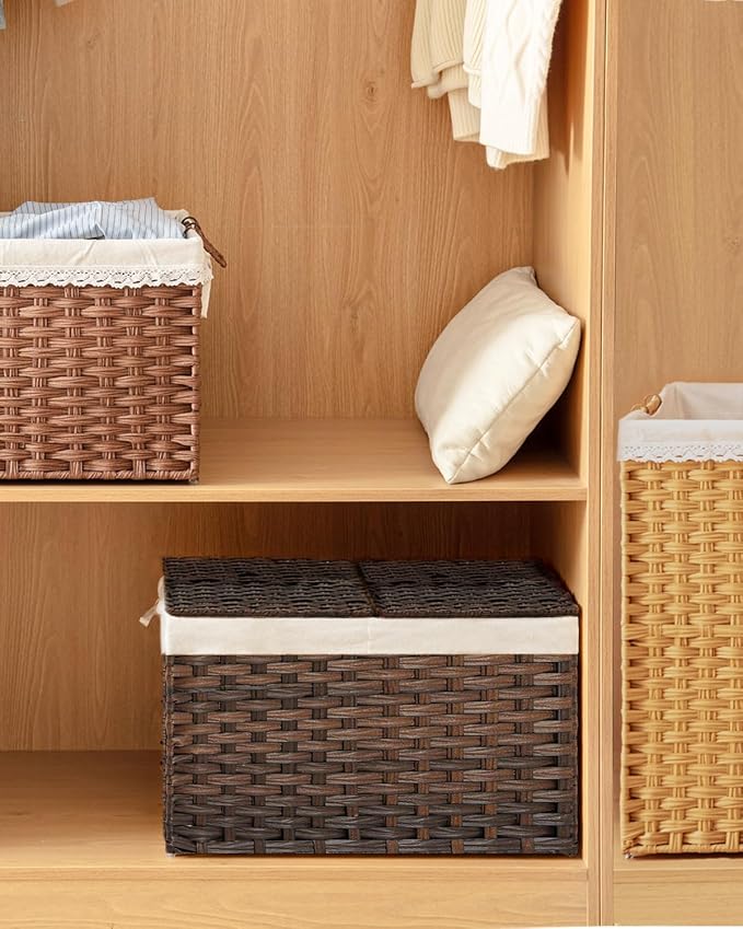 SETVSON Storage Basket with Lid Rattan Woven Storage Baskets with 2 Separate Lids, 17.2 Gallon (65 L), 22 x 13 x 13.8 Inches,Foldable, 2 Removable Liner Bags Handles for Bedroom, Laundry Room Brown - Image 7