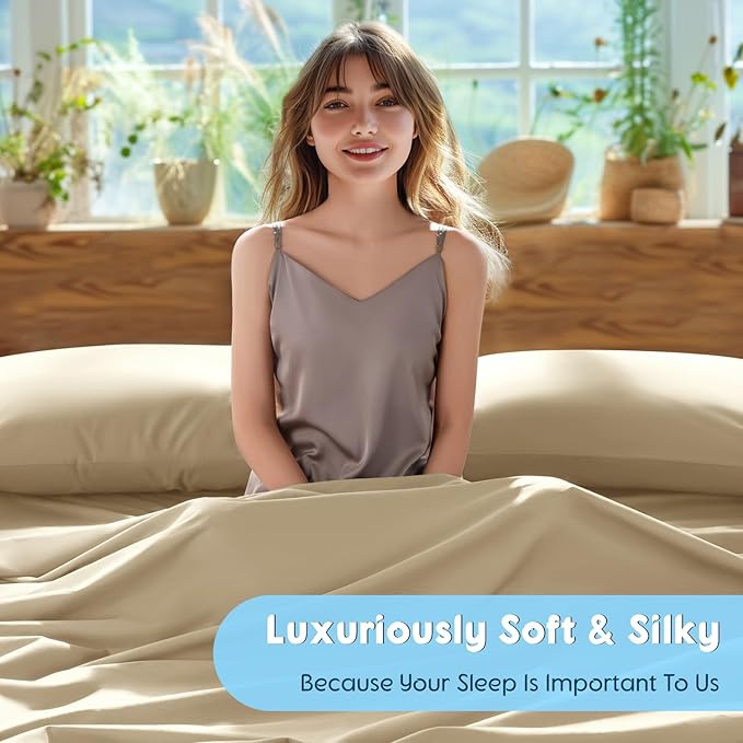SONORO KATE 100% Egyptian Cotton Sheets Set - 1000 High Thread Count, Luxury 5-Star Hotel Sateen Bed Sheets, Soft, Breathable Long Staple Sheets, Fit up to 16" - 4 PC (Beige,King)