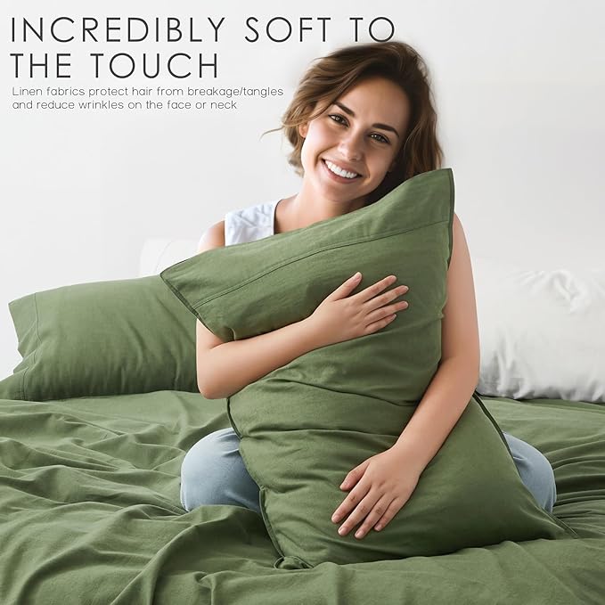 4Pcs Linen Sheets Queen Size, 100% French Linen from Normandy, Breathable Forest Green Queen Sheet Set with 16 Inch Deep Pocket, 1 Flat Sheet, 1 Fitted Sheet, 2 Pillowcases