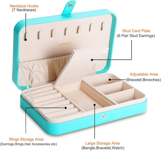LANDICI Small Jewelry Box for Women Girls, PU Leather Travel Jewelry Organizer Case, Portable Jewellery Storage Holder Display for Ring Earrings Necklace Bracelet Bangle Watch Men Kids Gift, Lake Blue - Image 2