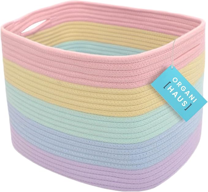 OrganiHaus Pastel Rainbow Basket - Colorful Woven Storage Basket for Playroom, Nursery & Classroom Decor & Toy Storage, 15x9x10 by OrganiHaus