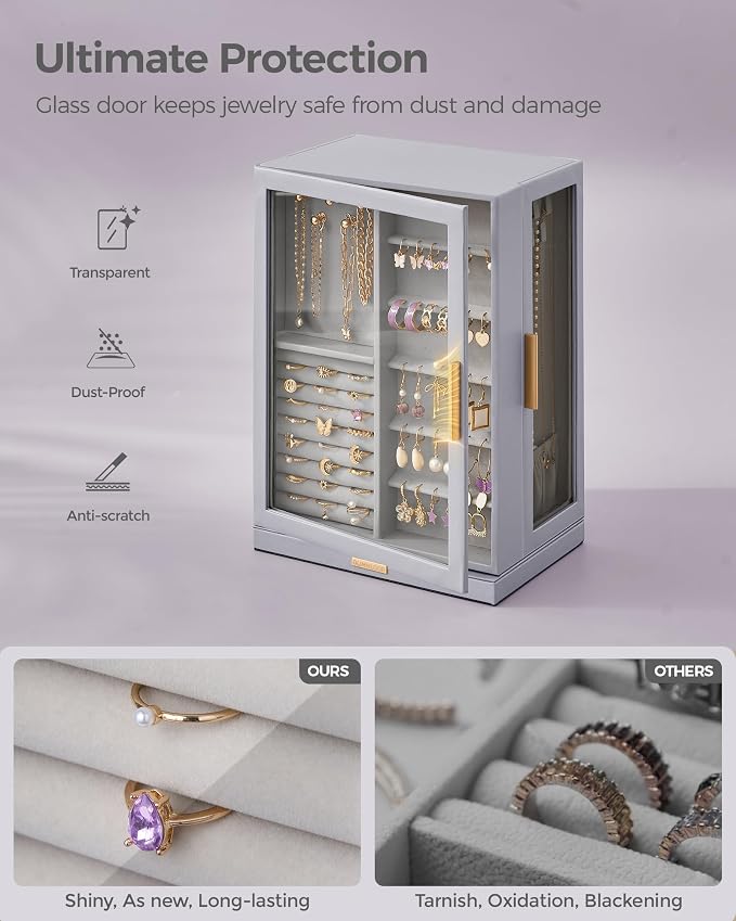 Glimmloop 360° Rotating Jewelry Box with 7 Drawers, Spacious Vertical Jewelry Organizer with Glass Window, Jewelry Storage Case, Dustproof & Moisture-resistant Design, Grey - Image 3