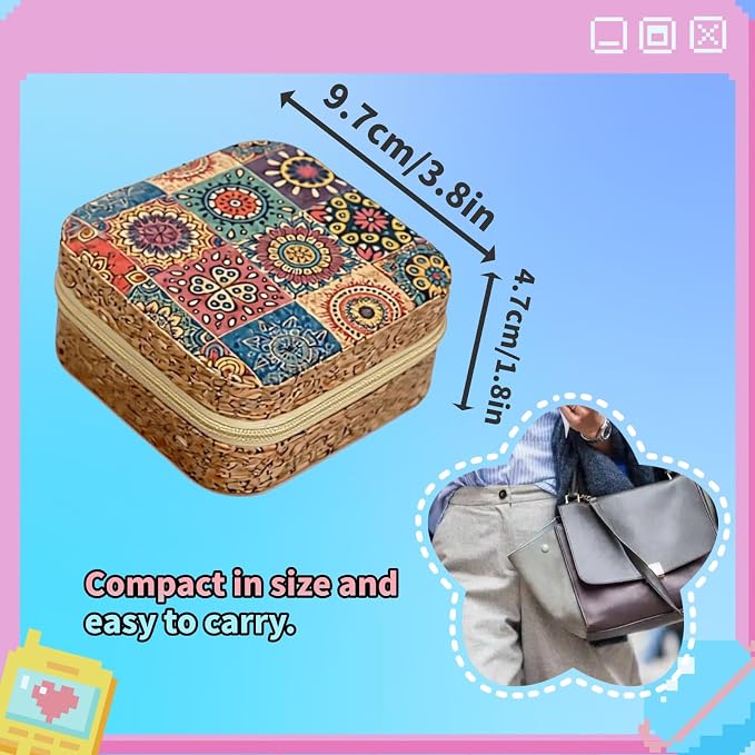 Retro Cork Jewelry Box with Bohemian Patterns for Storing Rings, Necklaces and Earrings During Travel, Soft Velvet Interior, 3.8x3.8x1.8 Inches - Image 2