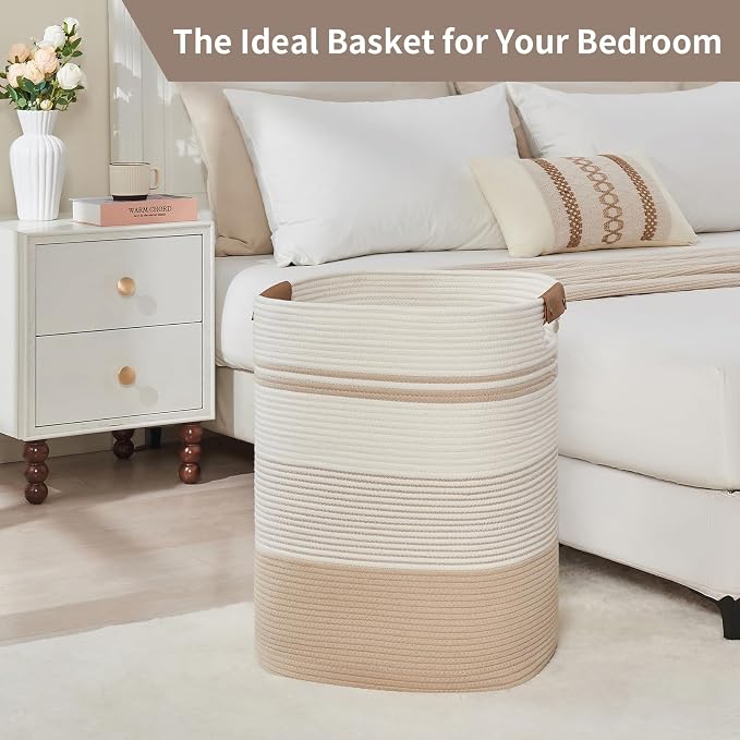 AINUOQI Laundry Basket with Handles - Blanket Basket & Hampers for Bedroom Aesthetic, Laundry Hamper & Blanket Storage for Living Room, Clothes Hamper, Tall, Large 17" x 14" x 22”, Off-white - Image 6