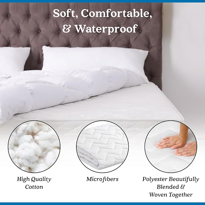 Waterguard Quilted Cotton Mattress Pad - Twin Size - Soft, Comfortable, and Fluffy Mattress Pad - Waterproof Mattress Protector Stretched 13" for Snug Fit on Regular Sized Mattress