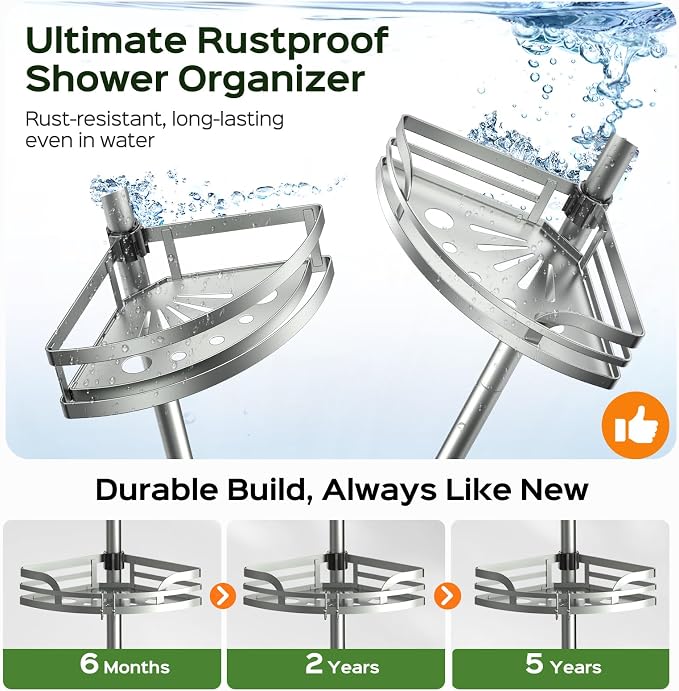 HAMITOR Shower Caddy Tension Pole：4-Tier Rustproof Bathroom Corner Shelf for Renters - 47-121inches Adjustable Bathtub Organizer with Soap Holder-large capacity rack for Shampoo Storage Home Accessory - Image 3