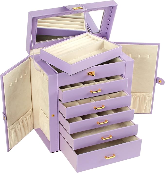 AKOZLIN Large Jewelry Box Organizer Functional with Big Mirror, Leather Jewelry Storage Case for Women Girls Ring Necklace Earring Bracelet Holder Organizer Violet - Image 7
