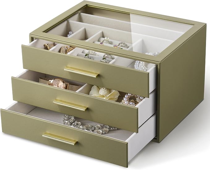 Jewelry Box Organizer Case for Women: 3-Layer Jewelry Storage Case with Glass Window, Olive Green Leather with Cream Velvet, Holder for Ring Necklace Bracelet Brooch Watch, Great Gift for Her - Image 9
