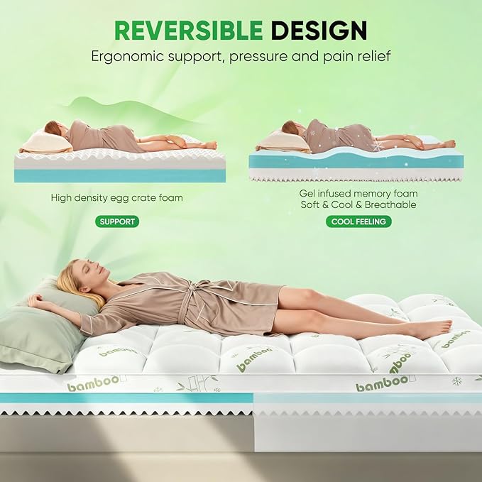 Twin Mattress Topper, 3 in 1 Memory Foam Mattress Topper for Back Pain, 2" Fluffy Cooling Mattress Toppers Twin Breathable Viscose Made from Bamboo and 2.5" Dual Firmness Gel Memory Foam.