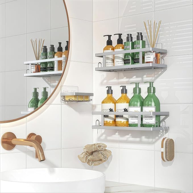 Youvip Adhesive Shower Caddy, 3 Pack Shower Shelves with Soap Holder and 12 Hooks, Rustproof No Drilling Bathroom Organizer and Storage, Silver - Image 3
