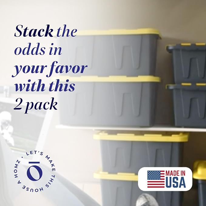 HOMZ 2-Pack Durabilt, Heavy Duty Plastic Storage Bins with Lids, 15 Gallon, Black/Yellow - Stackable Container Boxes for Home, Attic, and Garage Organization - Image 2