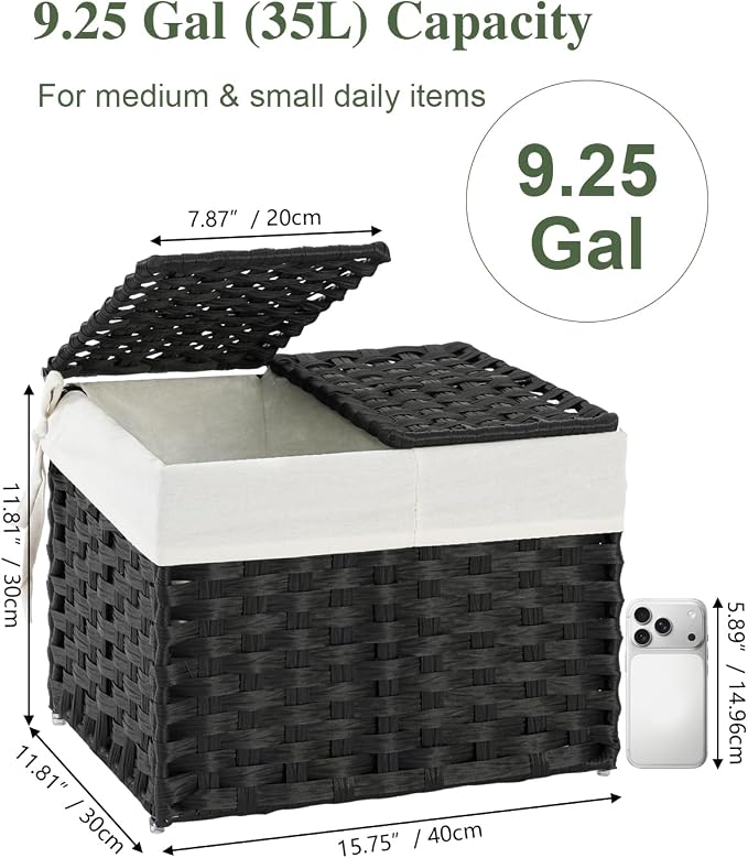 SETVSON Storage Basket with Lid Woven Wicker Baskets with 2 Separate Lid, 9.2 Gallon (35 L) Wicker Storage Bins with Handles, Foldable and 2 Removable Liner Bags for Bedroom, Laundry Room Black - Image 2