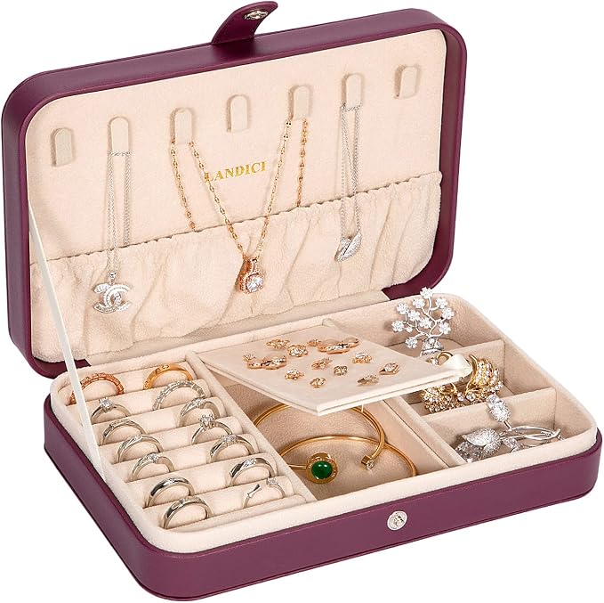 LANDICI Small Jewelry Box for Women Girls, PU Leather Travel Jewelry Case, Portable Jewelry Organizer Storage Holder Display for Ring Earrings Necklace Bracelet Bangle Men Kids Gift, Purple by LANDICI
