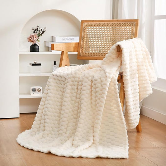 Cream White Throw Blanket 50"??60" inches Fuzzy 3D Jacquard Decorative Flannel Fleece Super Soft Plush Cozy Blanket for Couch Sofa Chair Lightweight