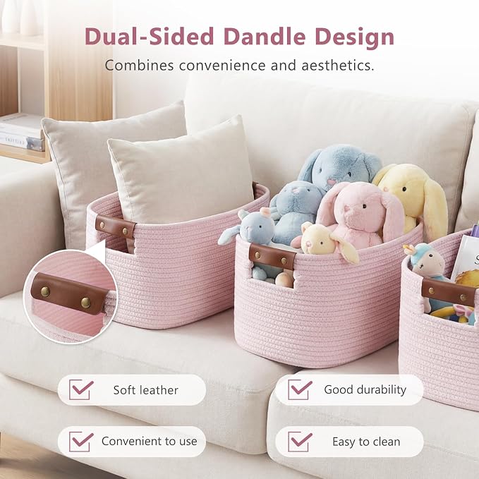 ECDYQXVU Cotton Rope Basket, Storage Baskets with Handle, 15x10x9 Inch Woven Basket for Shelves, Laundry, Towels, Clothes, Books (Light/Pink 2Pack) - Image 5