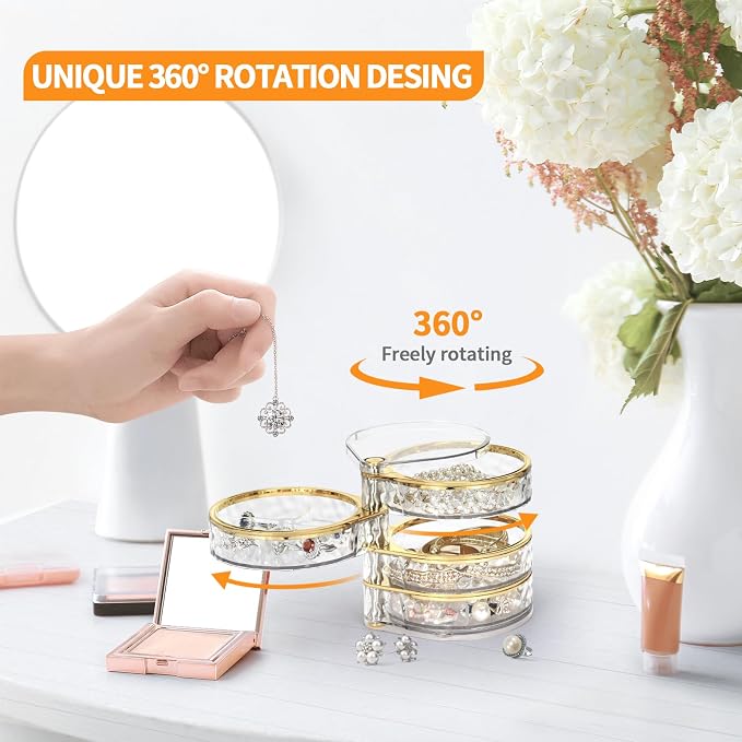 LETURE 4-Layers Rotatable Jewelry Organizer Storage Box, Clear Jewelry Holder Case for Ring Earring Necklaces Bracelets Makeup Hair Accessories - Image 4