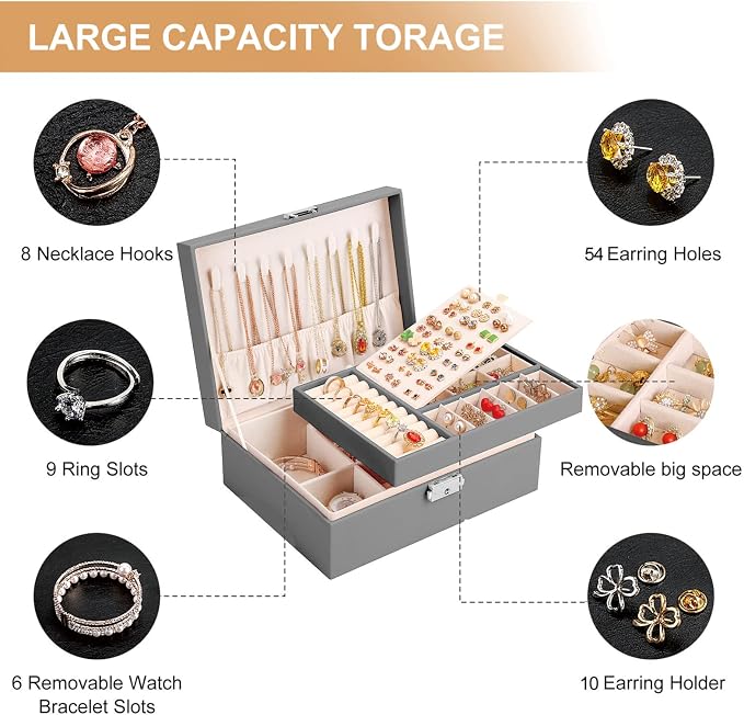 Jewelry Box for Women Girls 2 Layer Leather Travel Jewelry Organizer Storage Case with Lock and Removable Tray for Necklace Earrings Rings Bracelets Gift, Come with Polishing Cloth and Jewelry Bags - Image 4