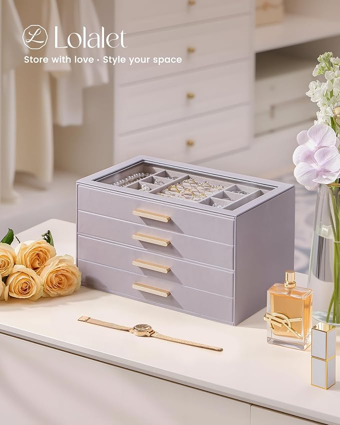 Lolalet Jewelry Box Organizer, 4-Layer Jewelry Organizers and Storage Case with Glass Lid, Ring Earring Bracelet Necklace Holder Organizer, Birthday Valentine Gifts for Women Girls -4Layer, HazePurple - Image 4