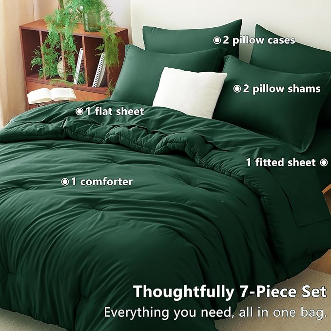 CozyLux King Size Comforter Set Emerald Green, 7 Pieces Bed in a Bag King Comforter Set with Sheets, Luxury Bedding Sets with Down Alternative Comforter, Fitted Sheet, Flat Sheet, Pillowcases & Shams