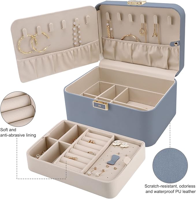 KAMIER Jewelry Organizer Box, 2 Layers PU Leather, Large Capacity, Double Lock and Large Mirror, Hidden Necklace Hooks, Removable Dividers, Gift Box Packaging,Bluish Grey - Image 4