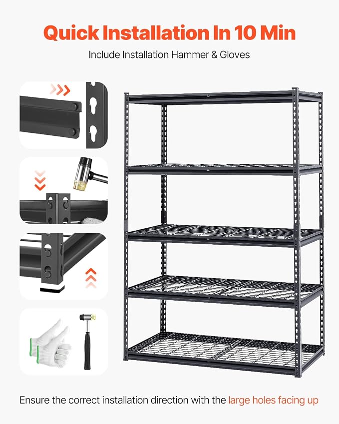 VEVOR Storage Shelves, 3000 lbs, 5 Tier Heavy Duty Garage Shelving, 24" D x 48" W x 72" H Adjustable Metal Shelves for Industrial Shelving Unit Utility Shelf, for Kitchen, Warehouse, Basement, Black - Image 7