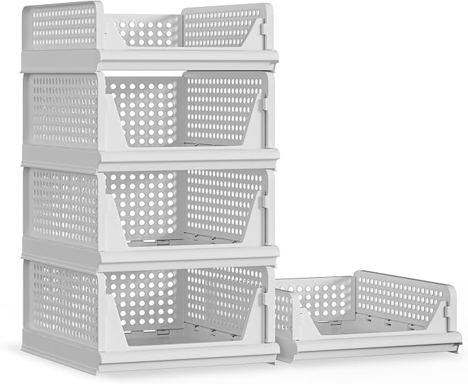 Proarea 5 Pack Stackable Plastic Storage Basket Closet Organizer Bin Foldable Clothes Organizer Storage Drawer Shelf Container for Living room Bathroom Kitchen Office (3L+2S), White, YG-3L2S by Proarea