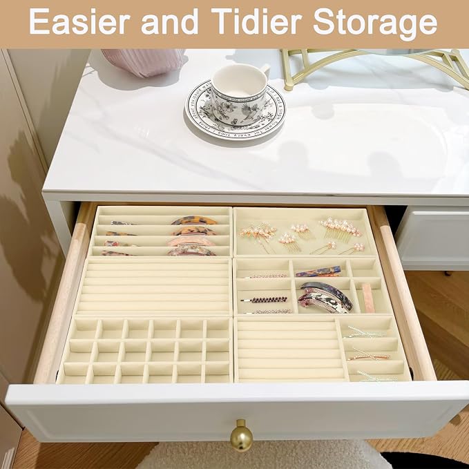 12Pcs Velvet Stackable Jewelry Trays, Jewelry Drawer Organizer, Large Removable Display Jewelry Tray, Necklace Bracelet Storage Box for Earring, Ring, Brooch, Watch (Beige) - Image 5