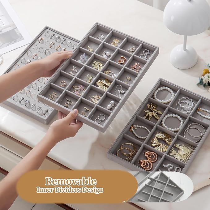 Large Velvet Jewelry Tray 2 Pack Stackable Jewelry Display Drawer Inserts Trays Organizer for Earring Bracelet Necklace Ring (Gray, 12 Grids+24 Grids) - Image 4