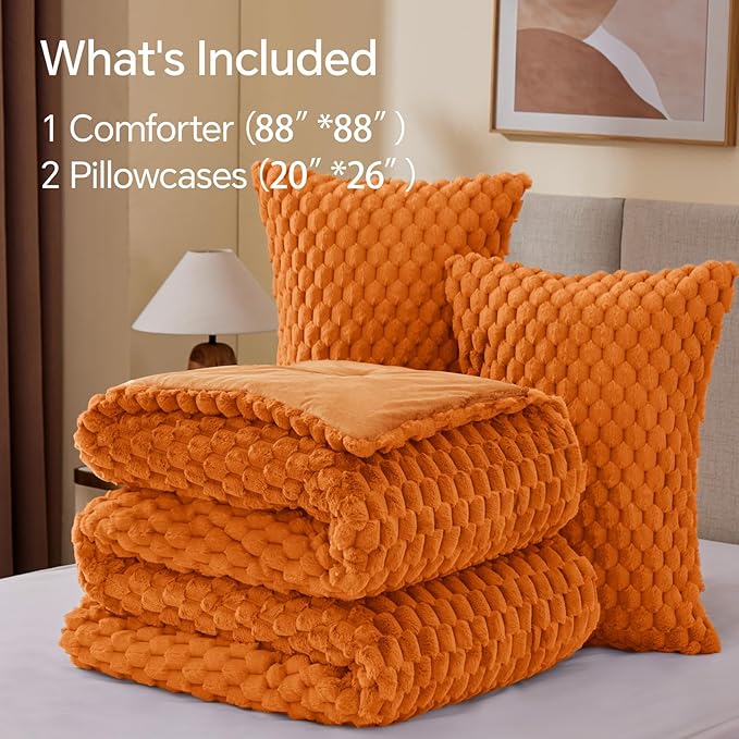 BEDELITE Fluffy Queen Comforter Set - Burnt Orange Fleece Soft Comforter for Queen Size Bed, Luxury Warm Bedding Set for Winter, Fuzzy Bed Set 3 Pieces (1 Comforter, 2 Pillowcases)