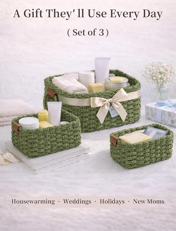 Storage Basket, Recycled Paper Rope Bathroom Basket Organizer, 3Pcs Small Baskets for Organizing, Mini wicker Basket for Decorative Storage Bins, Shelves, Bathroom, Cabinet - Green - Image 7