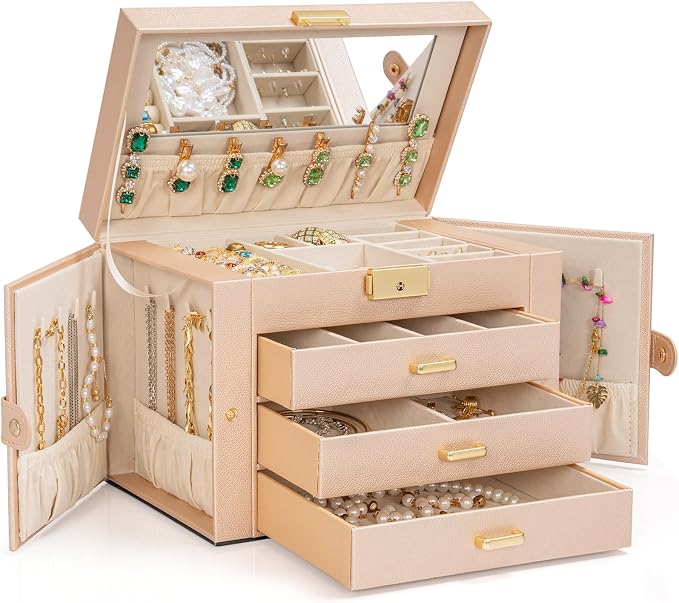 AKOZLIN Large 4-Tier Jewelry Box Leather Jewelry Storage Organizer with 3 Drawers Lockable for Women Girls Ring Necklace Earring Bracelet Watches Holder with Mirror Champagne by AKOZLIN