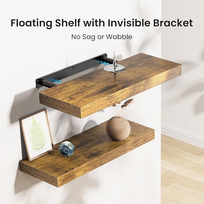 AMADA HOMEFURNISHING Floating Shelves, Wall Shelves for Bathroom/Living Room/Bedroom/Kitchen Decor, Decor Shelf with Invisible Brackets Set of 3, Rustic Brown - AMFS07V - Image 4